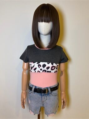 SHEIN Girls Pink & Grey Leopard Colorblock T-Shirt Size 4Y NWOT